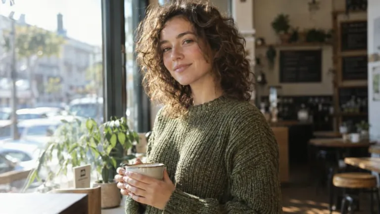 A woman in a cafe lifts her coffee and smiles