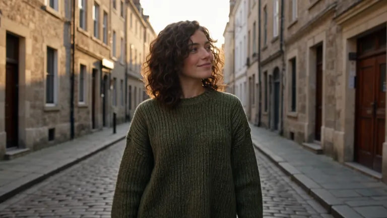 The woman from the reference walks a cobblestone street at golden hour