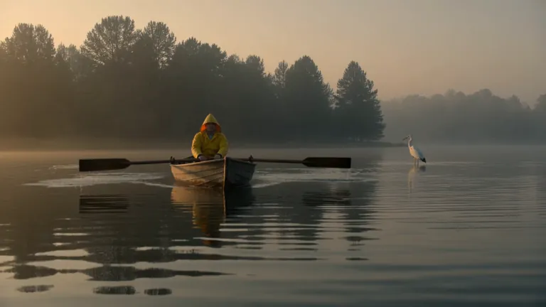 A fisherman rows across a misty lake at dawn