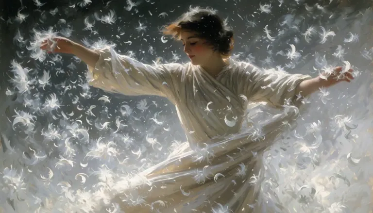 A woman in ivory silk spins through a storm of feathers