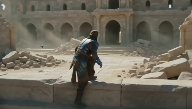 A warrior exploring sunlit monastery ruins