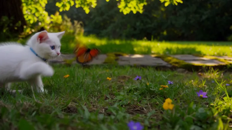 A kitten chasing a butterfly in a sunlit garden